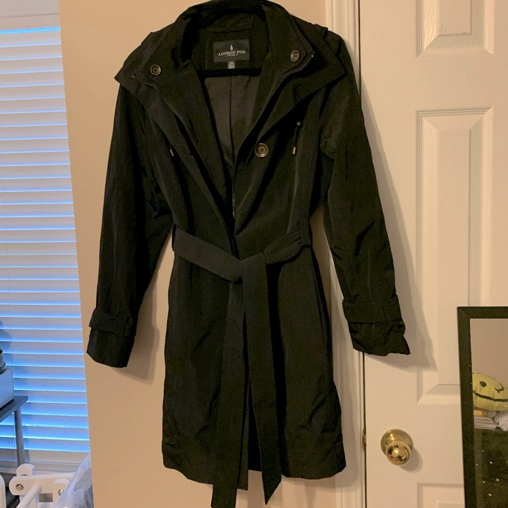 Black London Fog lined coat with detachable hood; size L